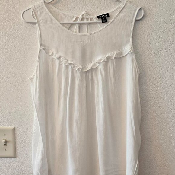 a.n.a. Women's Size M White Top Back Neck Tie Closure Ruffled Bodice Sheer Gauze - Picture 2 of 7